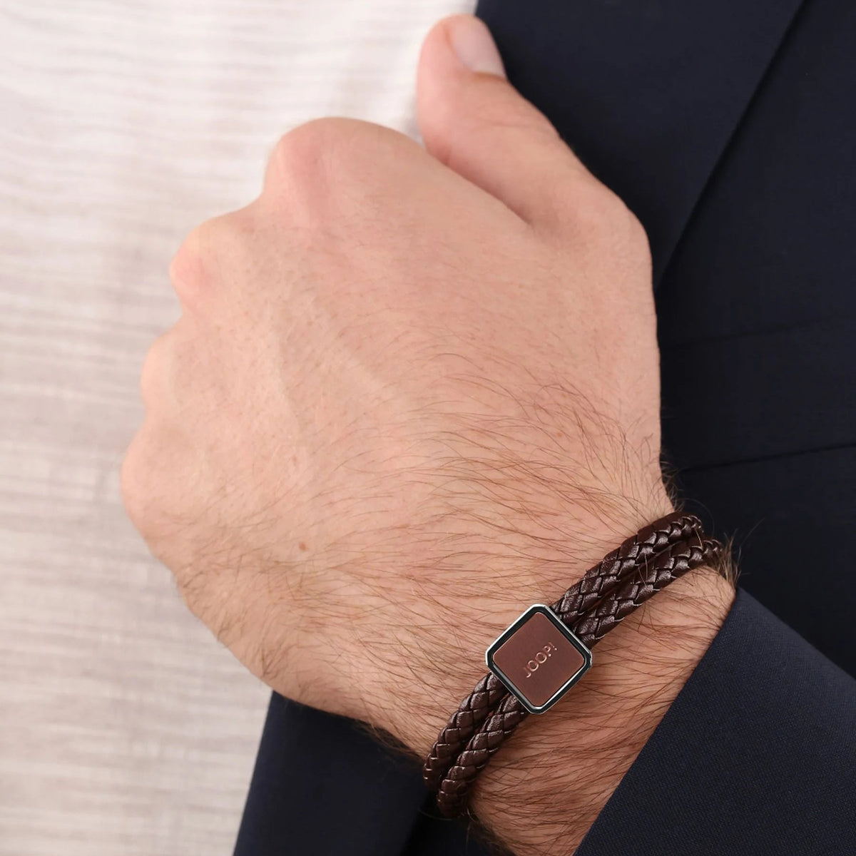 JOOP! Herren-Armband – braunes Flechtleder und Edelstahl