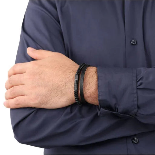 JOOP! Herren-Armband schwarz – Leder und Metallglieder