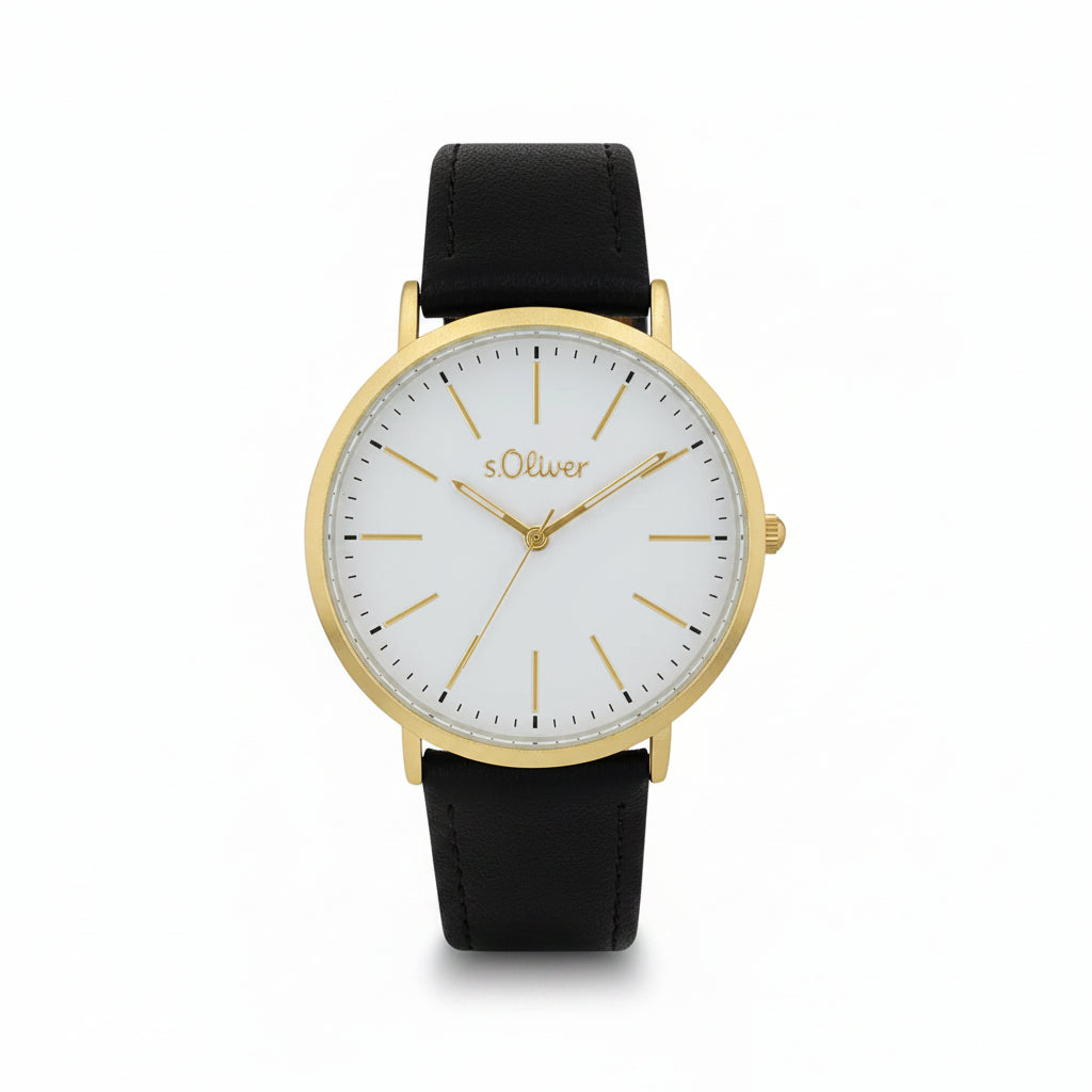 s.Oliver Herrenuhr gold – weißes Zifferblatt, schwarzes Leder