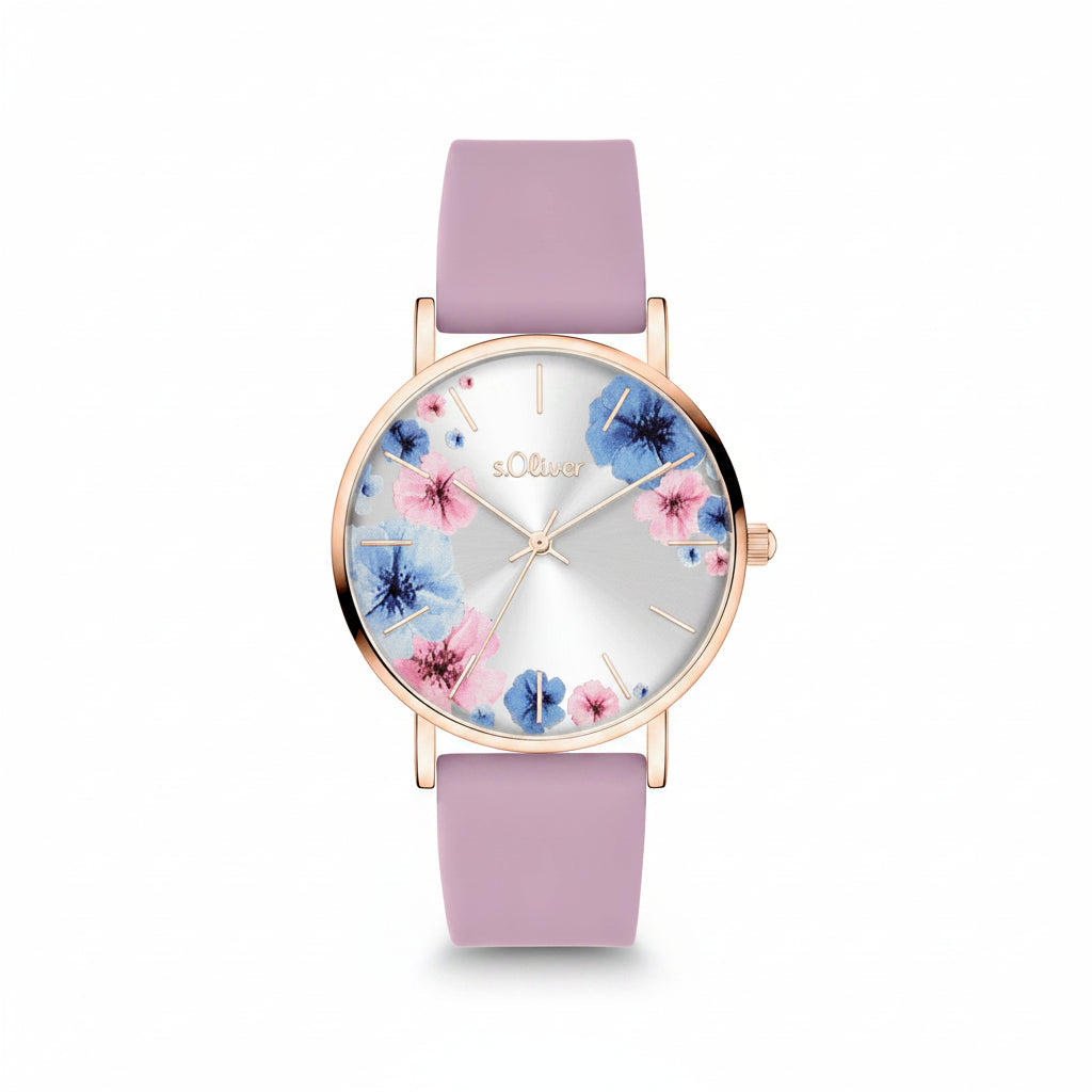 s.Oliver Damenuhr roségold – Blumen-Print, Silikonband