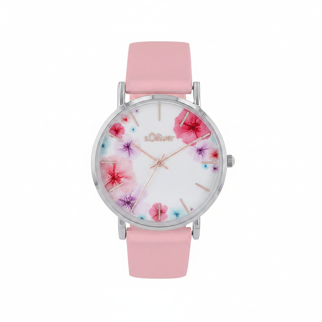 s.Oliver Damenuhr silber – Blumen-Print, rosa Silikon