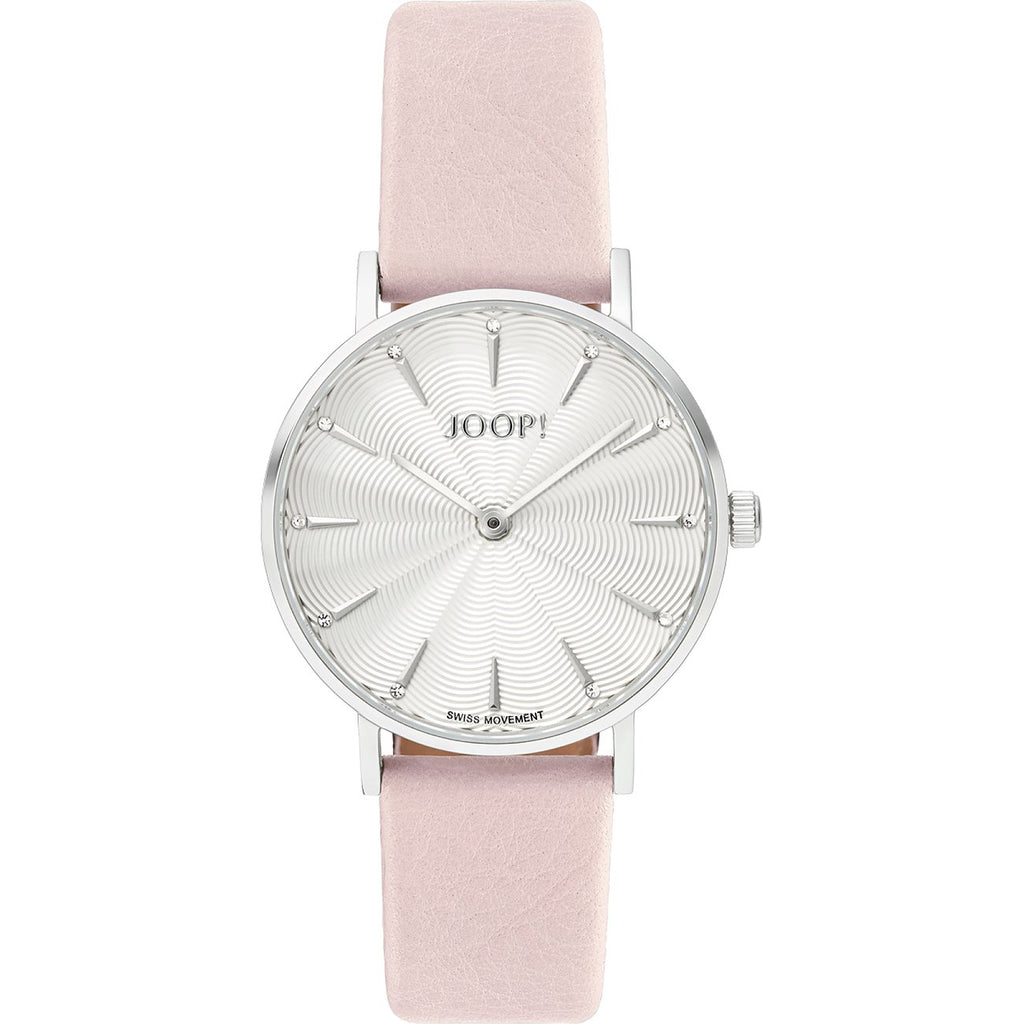 JOOP! Damenuhr 2027508 – silbernes Gehaeuse, weisses Zifferblatt, rose Lederband