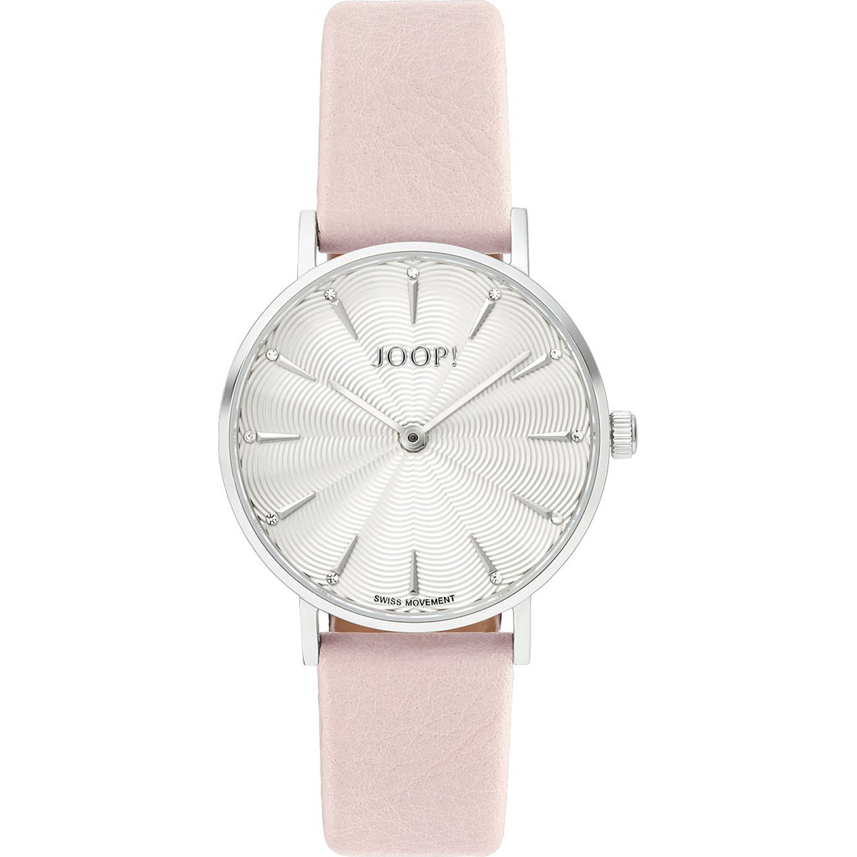 JOOP! Damenuhr 2027508 – silbernes Gehaeuse, weisses Zifferblatt, rose Lederband
