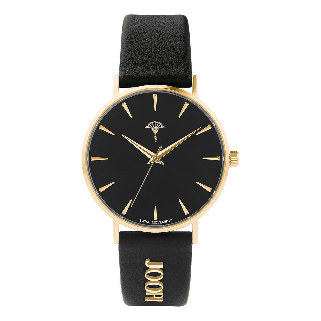 JOOP! Uhr 2028263 – schwarzes Zifferblatt, goldenes Gehaeuse, schwarzes Lederband