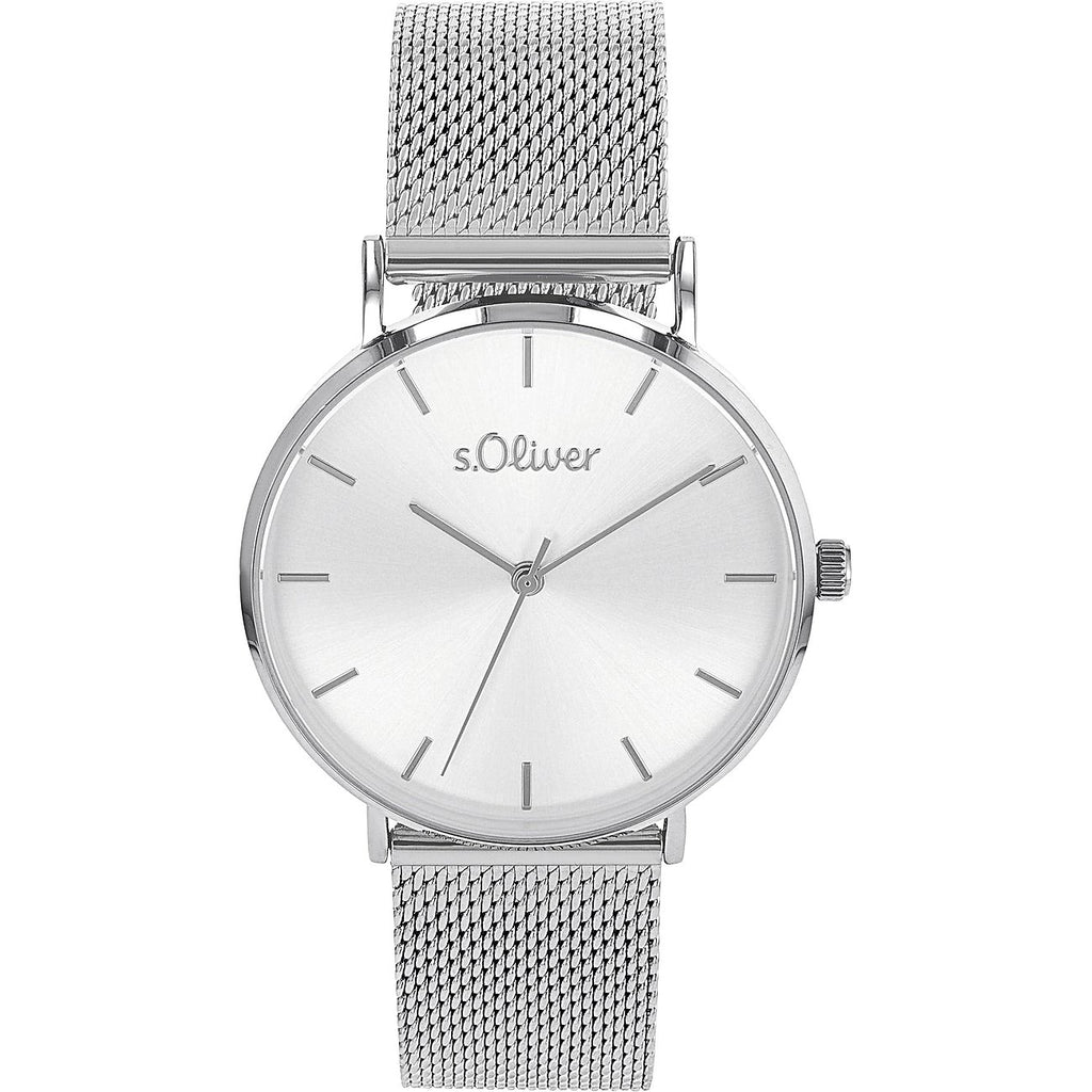 s.Oliver Damenuhr 2033515 – silbernes Sunray-Zifferblatt, Milanaise-Armband, Frontansicht
