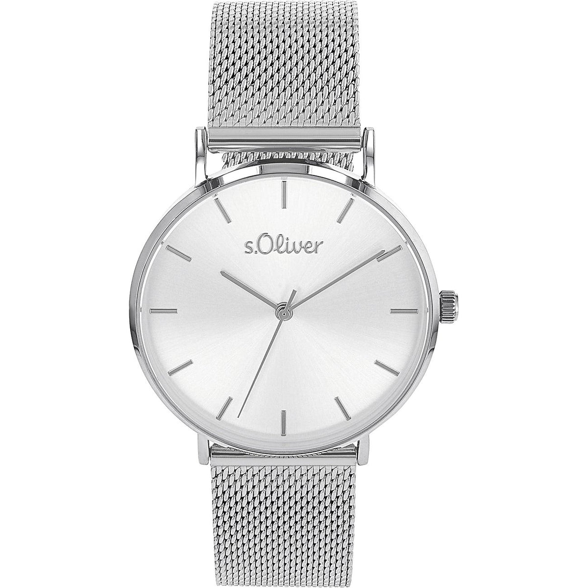 s.Oliver Damenuhr 2033515 – silbernes Sunray-Zifferblatt, Milanaise-Armband, Frontansicht