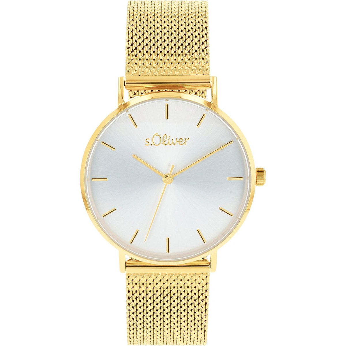 s.Oliver Damenuhr 2033517 – goldfarbenes Mesh-Armband, silbernes Zifferblatt
