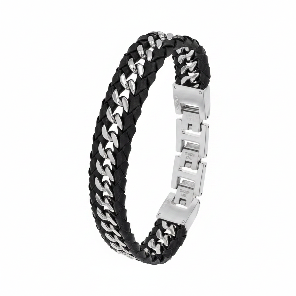 JOOP! Herren-Armband – schwarzes Flechtleder mit Panzerkette