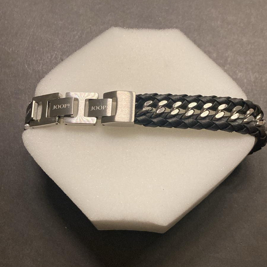 JOOP! Herren-Armband – schwarzes Flechtleder mit Panzerkette