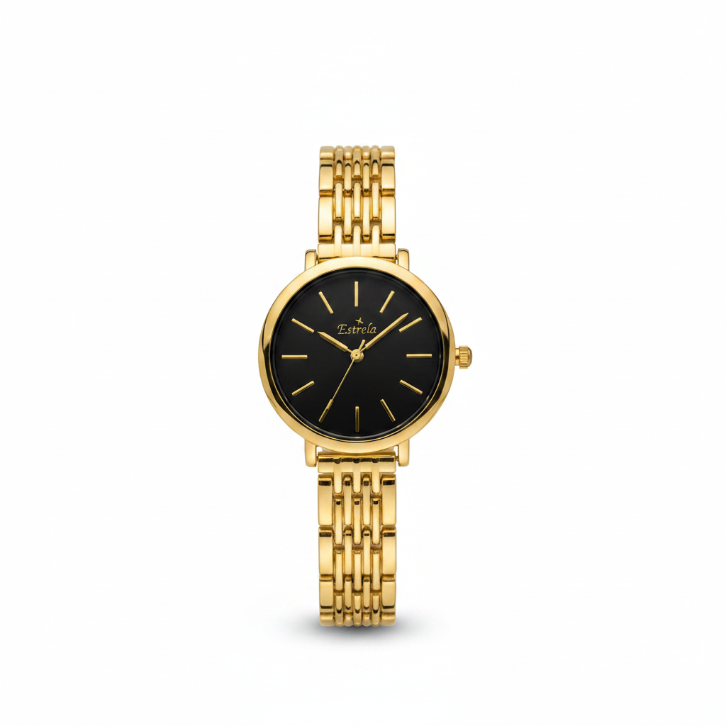 Estrela Damenuhr gold – schwarzes Zifferblatt, Gliederarmband