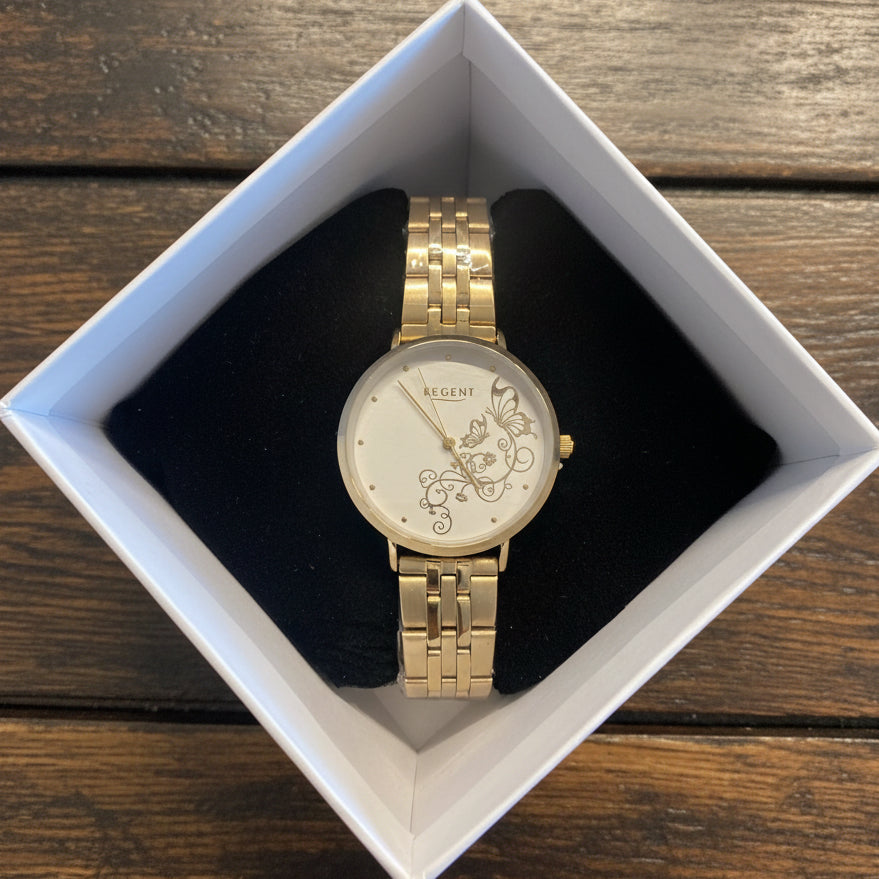 REGENT Damenuhr gold – graviertes Zifferblatt