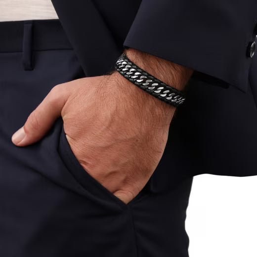 JOOP! Herren-Armband – schwarzes Flechtleder mit Panzerkette