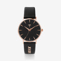 JOOP! Damenuhr 2026575 – schwarzes Zifferblatt, roségoldenes Gehäuse, schwarzes Lederarmband