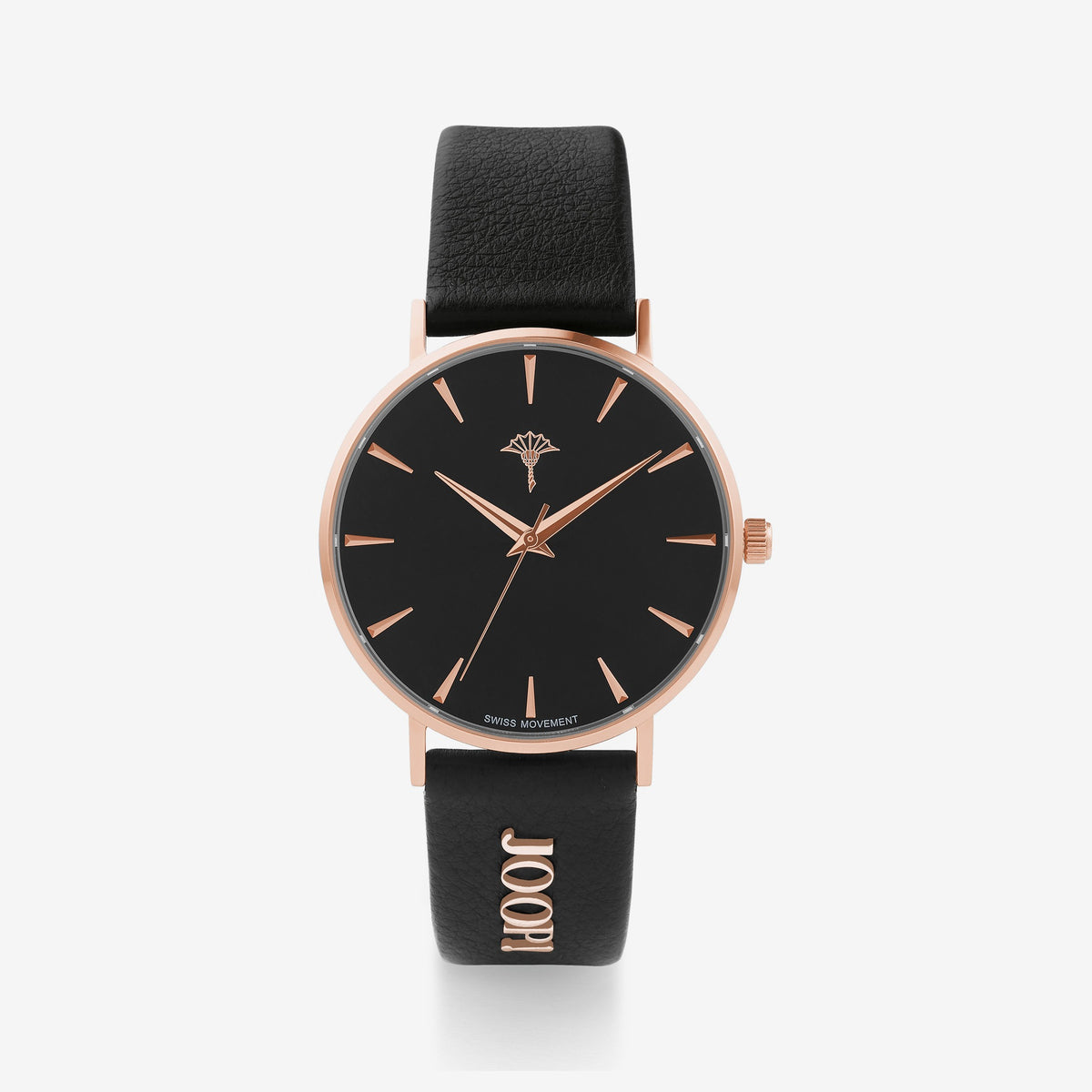 JOOP! Damenuhr 2026575 – schwarzes Zifferblatt, roségoldenes Gehäuse, schwarzes Lederarmband