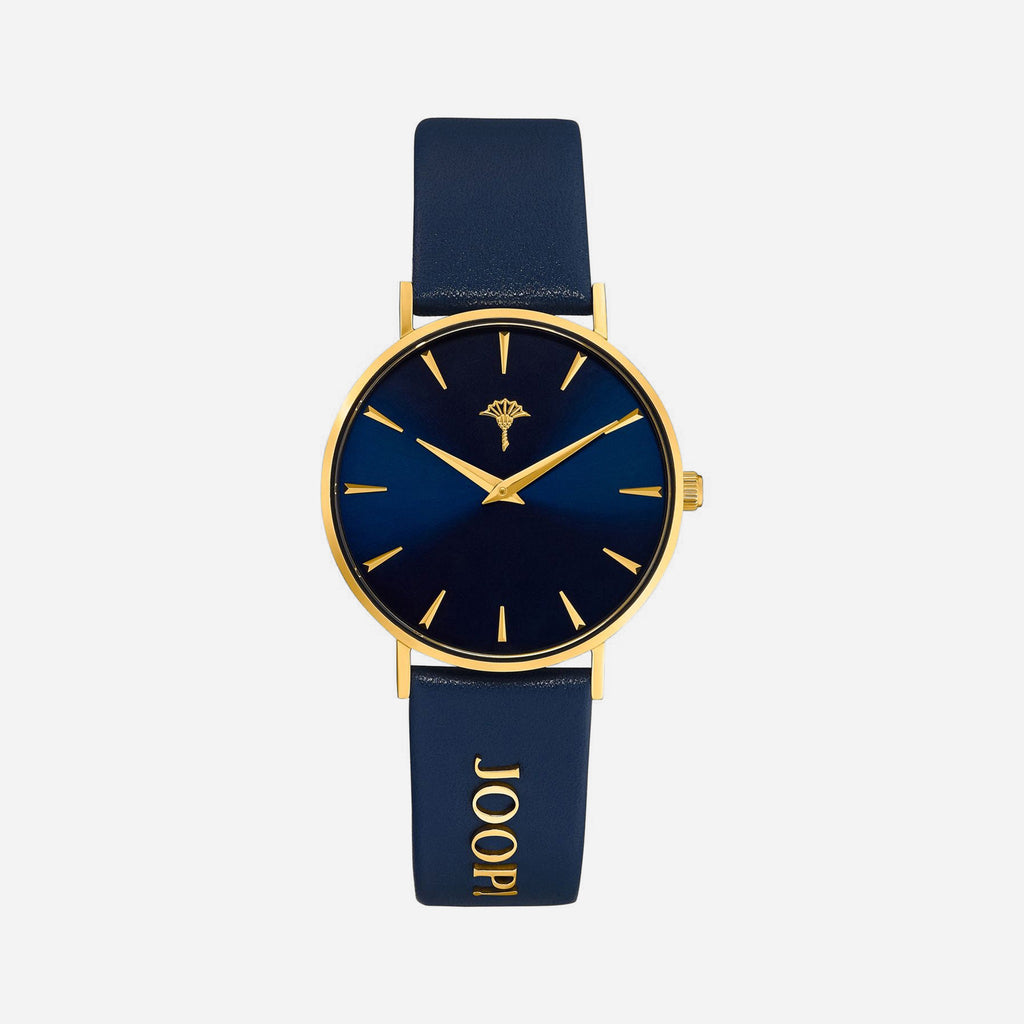 JOOP! Damenuhr 2035048 – blaues Zifferblatt, goldenes Gehäuse, blaues Lederarmband