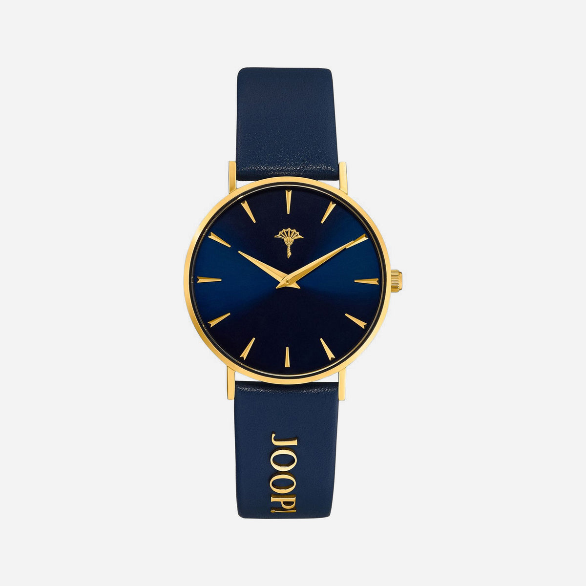 JOOP! Damenuhr 2035048 – blaues Zifferblatt, goldenes Gehäuse, blaues Lederarmband