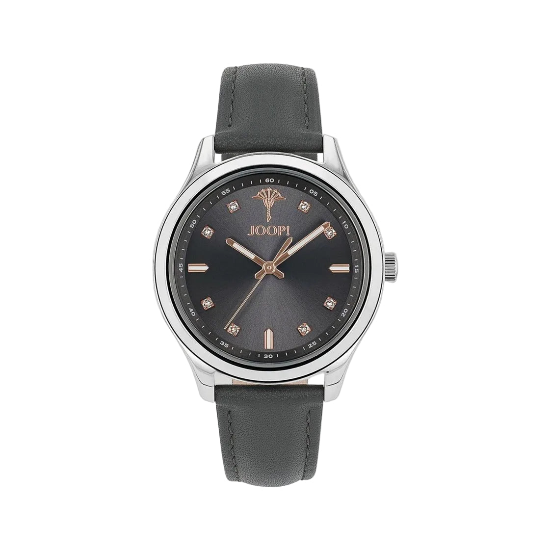 JOOP! Damenuhr 2040164 – graues Zifferblatt mit Kristallen, graues Lederarmband