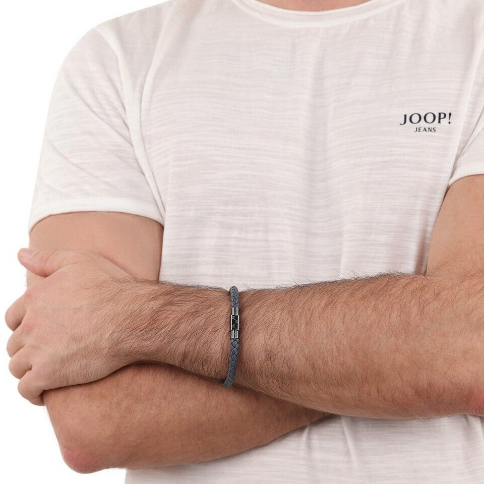 JOOP! Herren-Lederarmband graublau – Magnetverschluss
