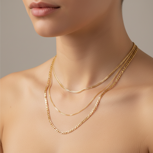 Damen-Layerkette gold – zweireihig Figaro und Panzer