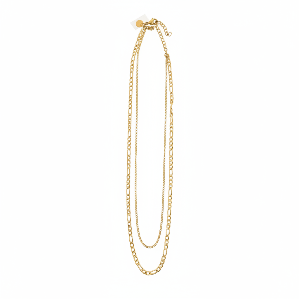 Damen-Layerkette gold – zweireihig Figaro und Panzer