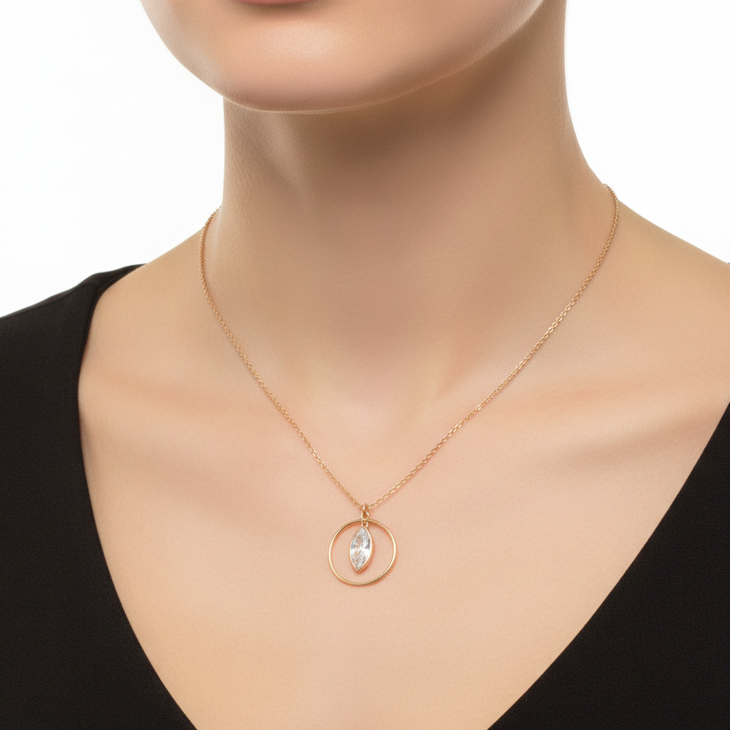 Halskette roségold – Kreis-Anhänger mit Navette-Kristall