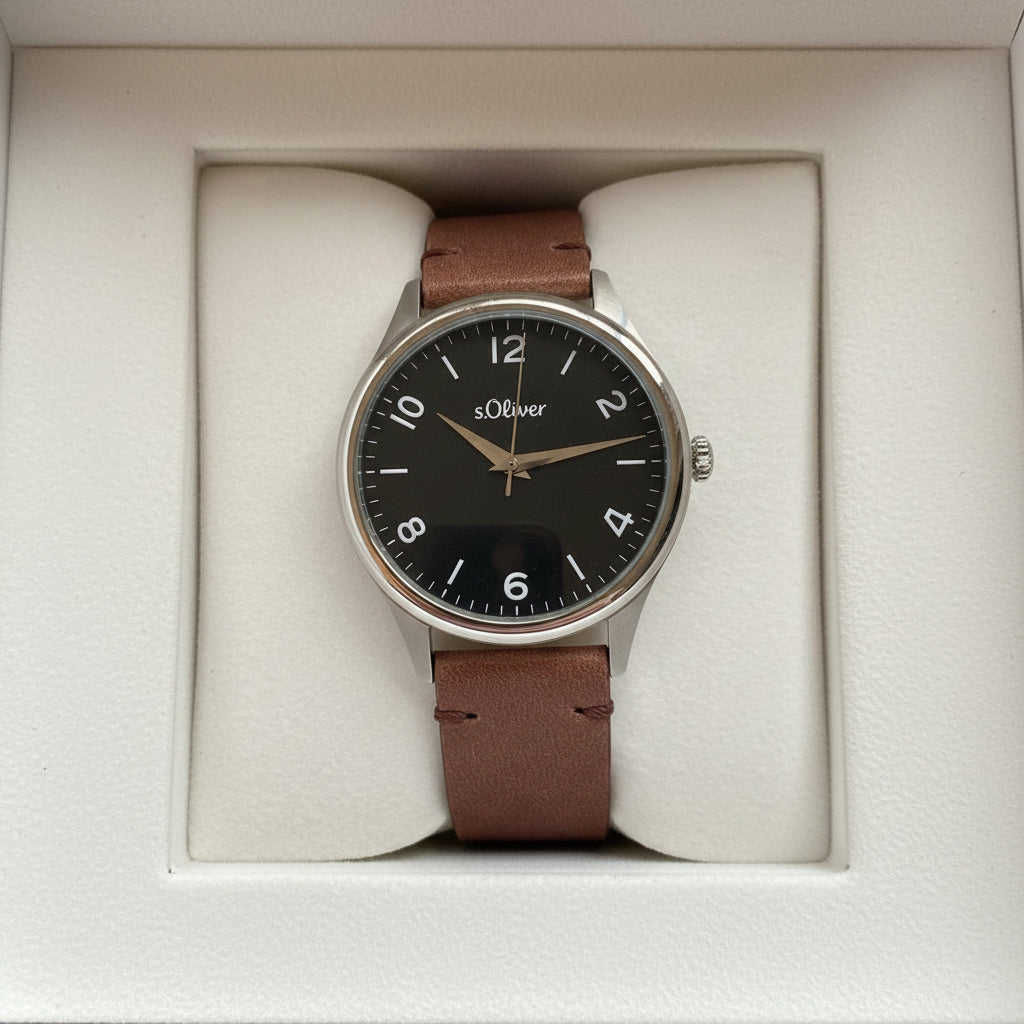 s.Oliver Herrenuhr silber 40 mm – Nubuk-Lederband