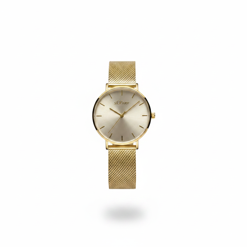 s.Oliver Damenuhr gold – Mesh, champagnerfarbenes Blatt